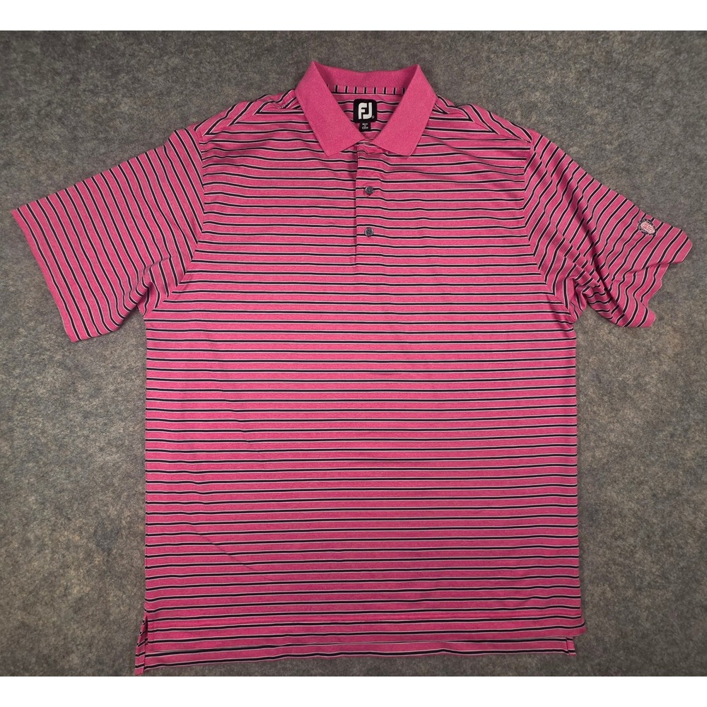 FootJoy Mens XL Pink Navy Blue Striped Performance Golf Polo Shirt Gulf Harbour